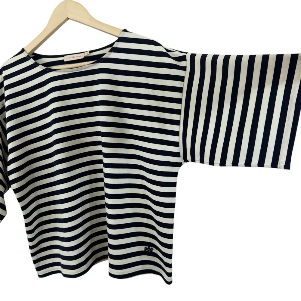 Tory Burch Medium Robinson Striped Shirt Short Sleeve Nautical Womens